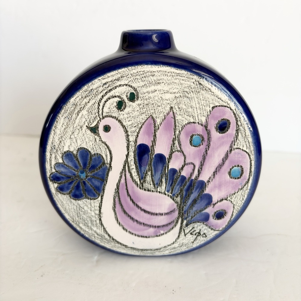 Vtg Signed Eduardo Vega Pottery Vase Ecuador Peacock MCM Blue Pink 5" Round READ